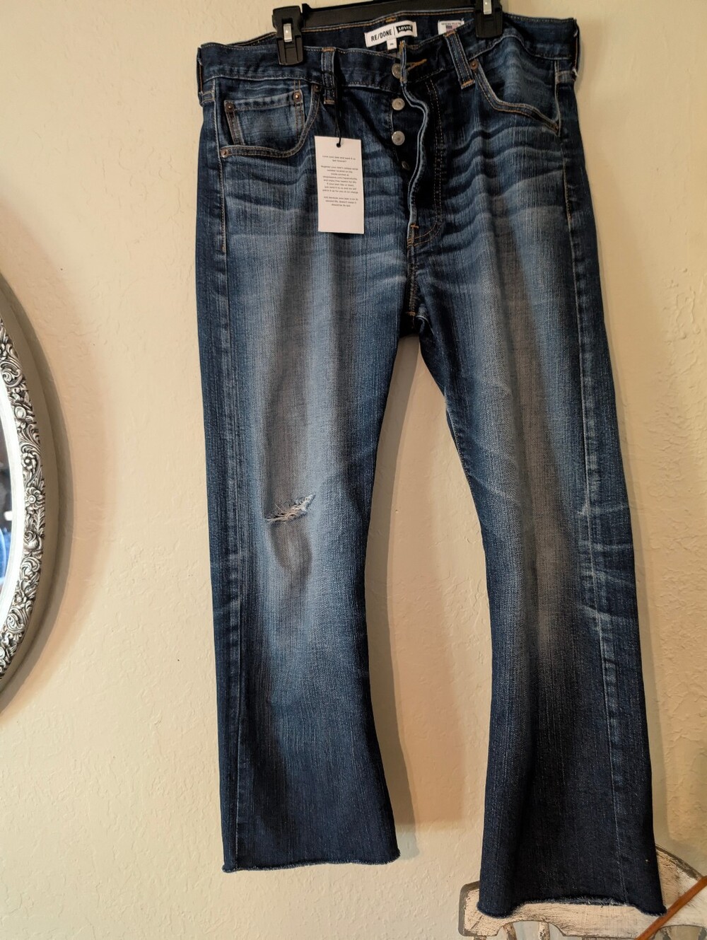 Re/Done 501 Levi's Buttonfly Staightl Dark Indigo Denim Jeans with White Patch - Picture 6 of 16